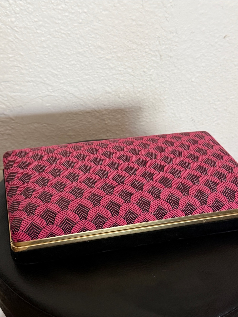 Vintage Mid Century Hot Pink Geometric & Black Velvet Jewelry Box Organizer Case
